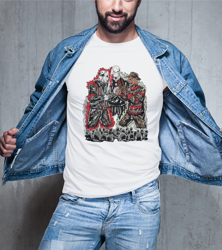 Violent Faceoff Horror Icons Showdown Freddy Krueger Vs Jason Voorhees In Front Of Crowd T-Shirt