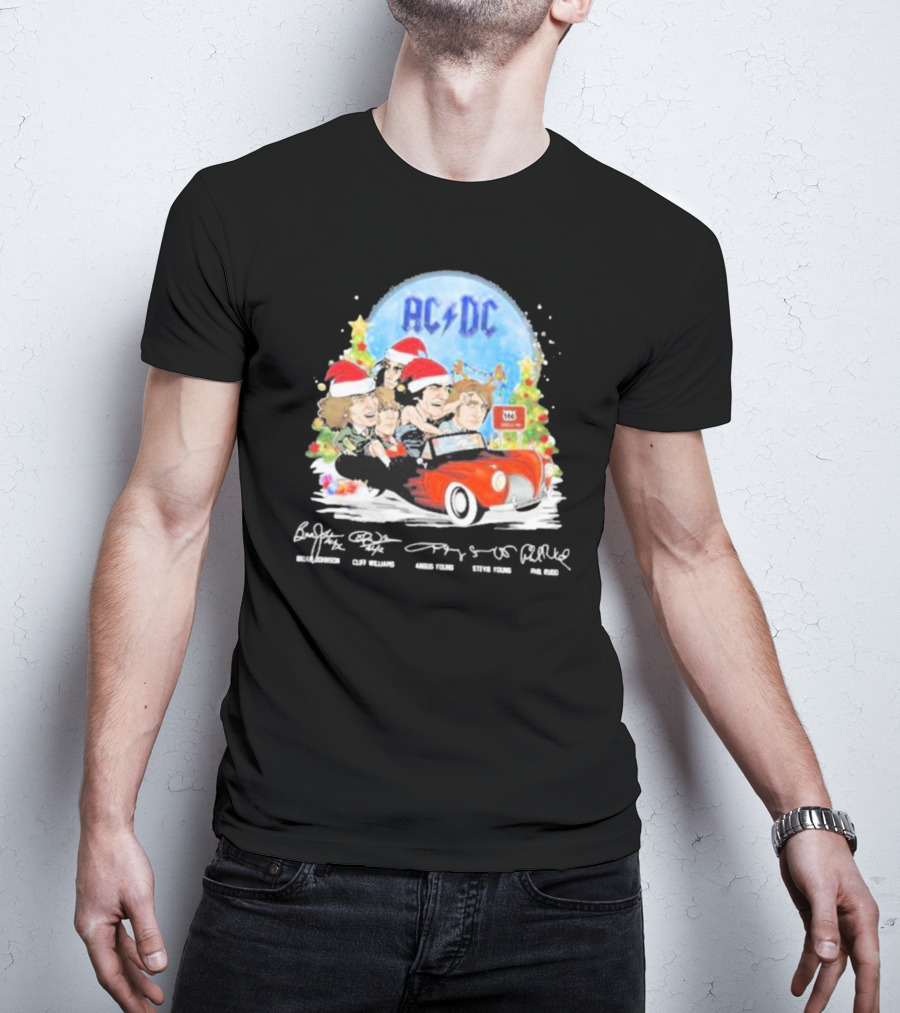 ACDC Band Members In Santa Hats Merry Christmas Signatures On Car With Highway To Hell Sign T-Shirt