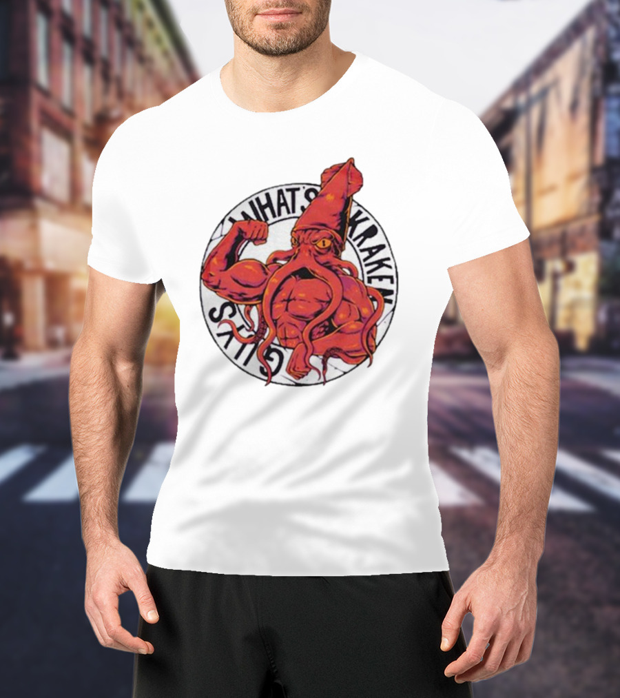 What’s Kraken Guys Sea Muscular Squid Circle T-Shirt