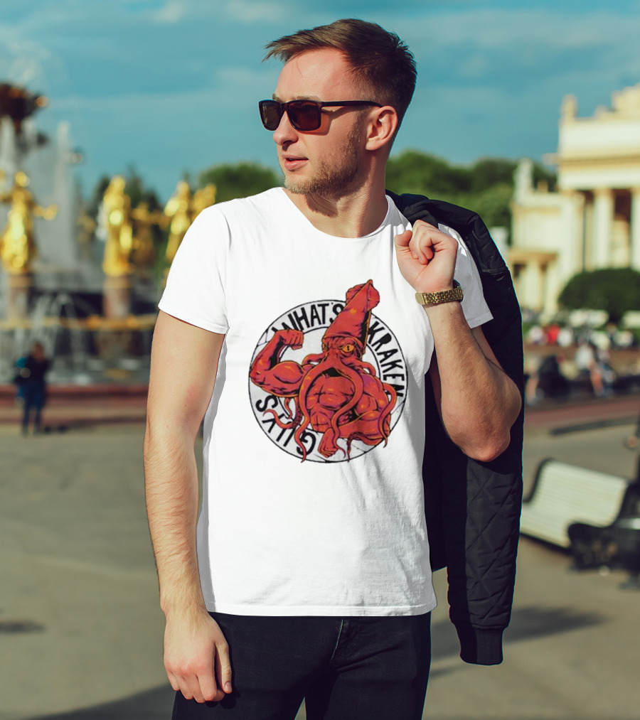 What’s Kraken Guys Sea Muscular Squid Circle T-Shirt
