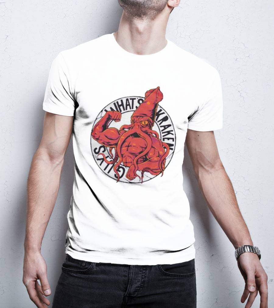 What’s Kraken Guys Sea Muscular Squid Circle T-Shirt