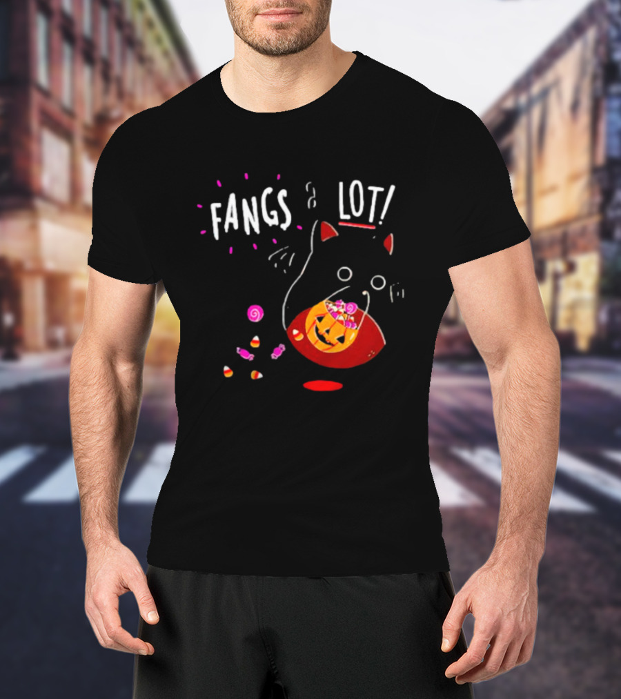 Ghost Cat Fangs A Lot Trick Or Treat Halloween Candy T-Shirt