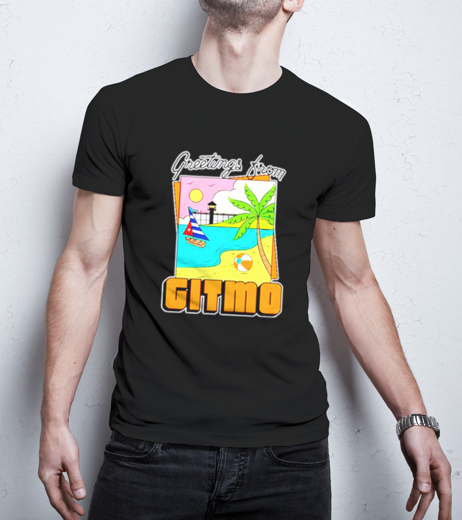 Greetings From Gitmo Beach Paradise With Sailboat And Palm Tree T-Shirt