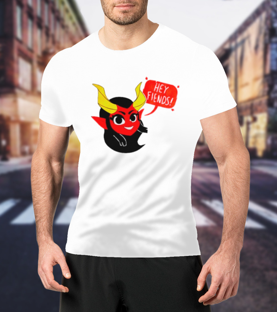 Ginnydi Hey Fiends Demon Cartoon Character With Red Face Yellow Horns And Black Hair T-Shirt