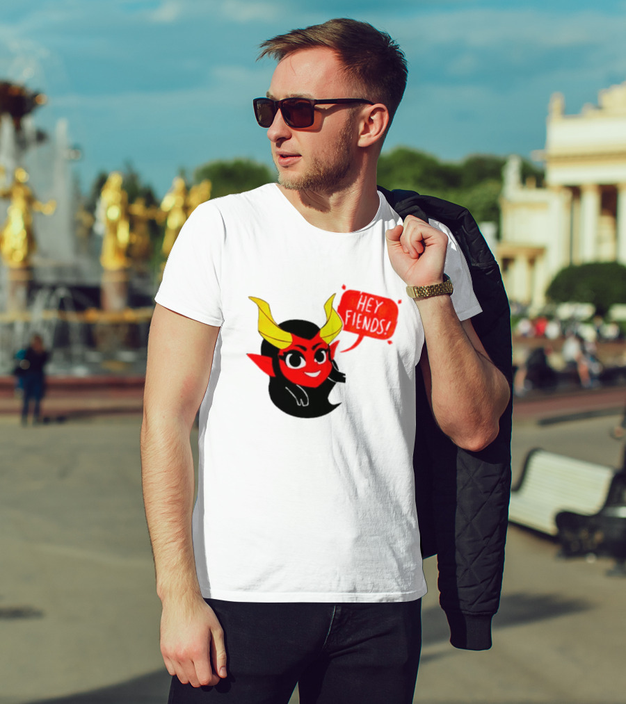 Ginnydi Hey Fiends Demon Cartoon Character With Red Face Yellow Horns And Black Hair T-Shirt