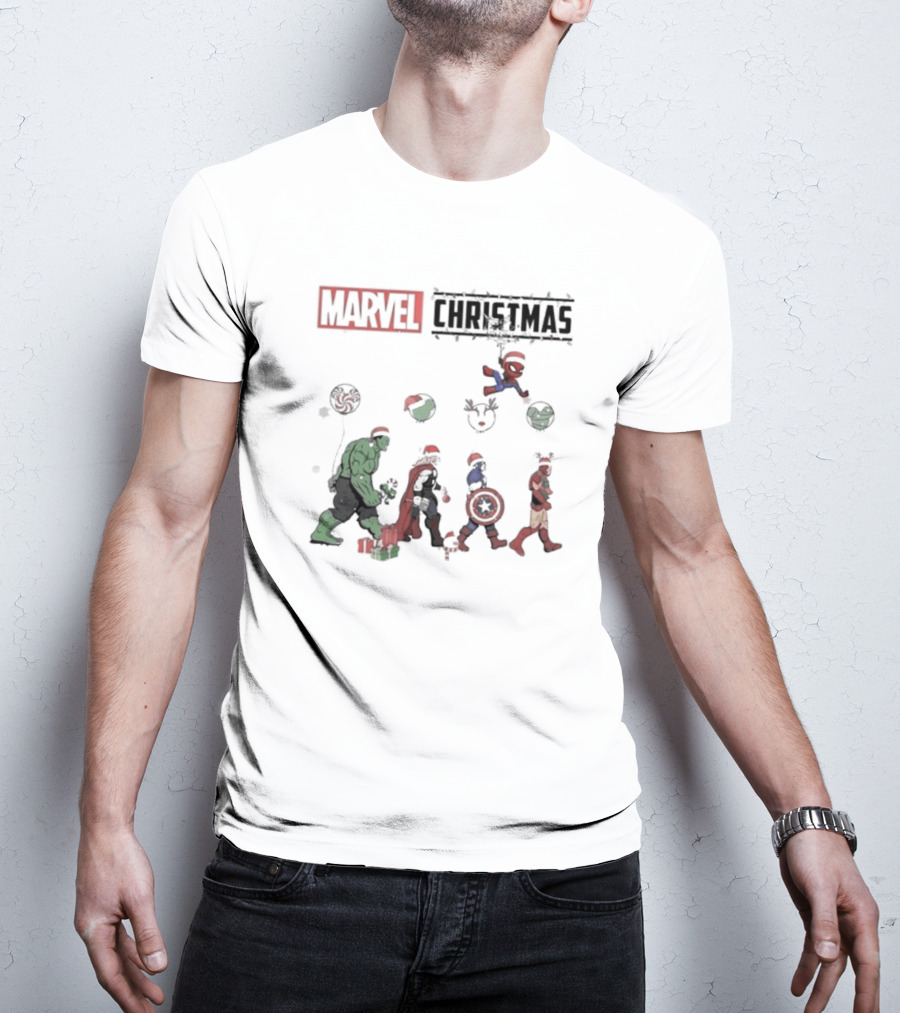 Marvel Christmas Superhero Characters In Santa Hats T-Shirt