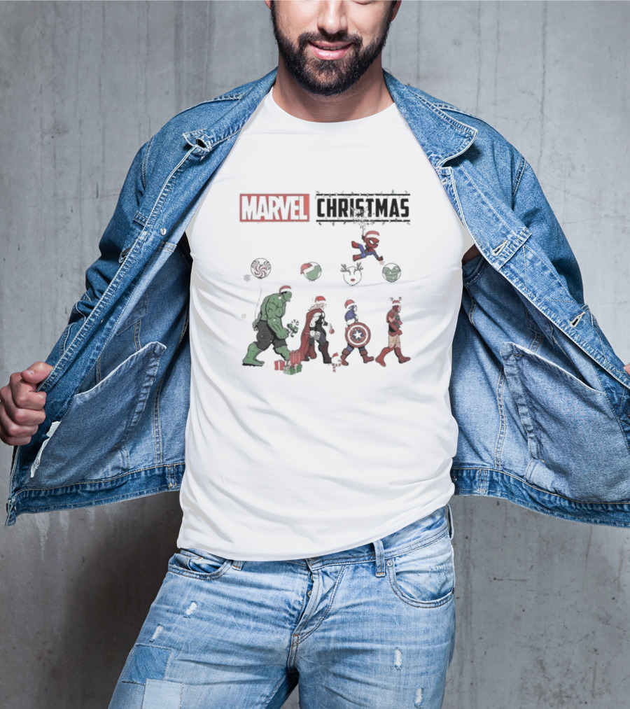 Marvel Christmas Superhero Characters In Santa Hats T-Shirt