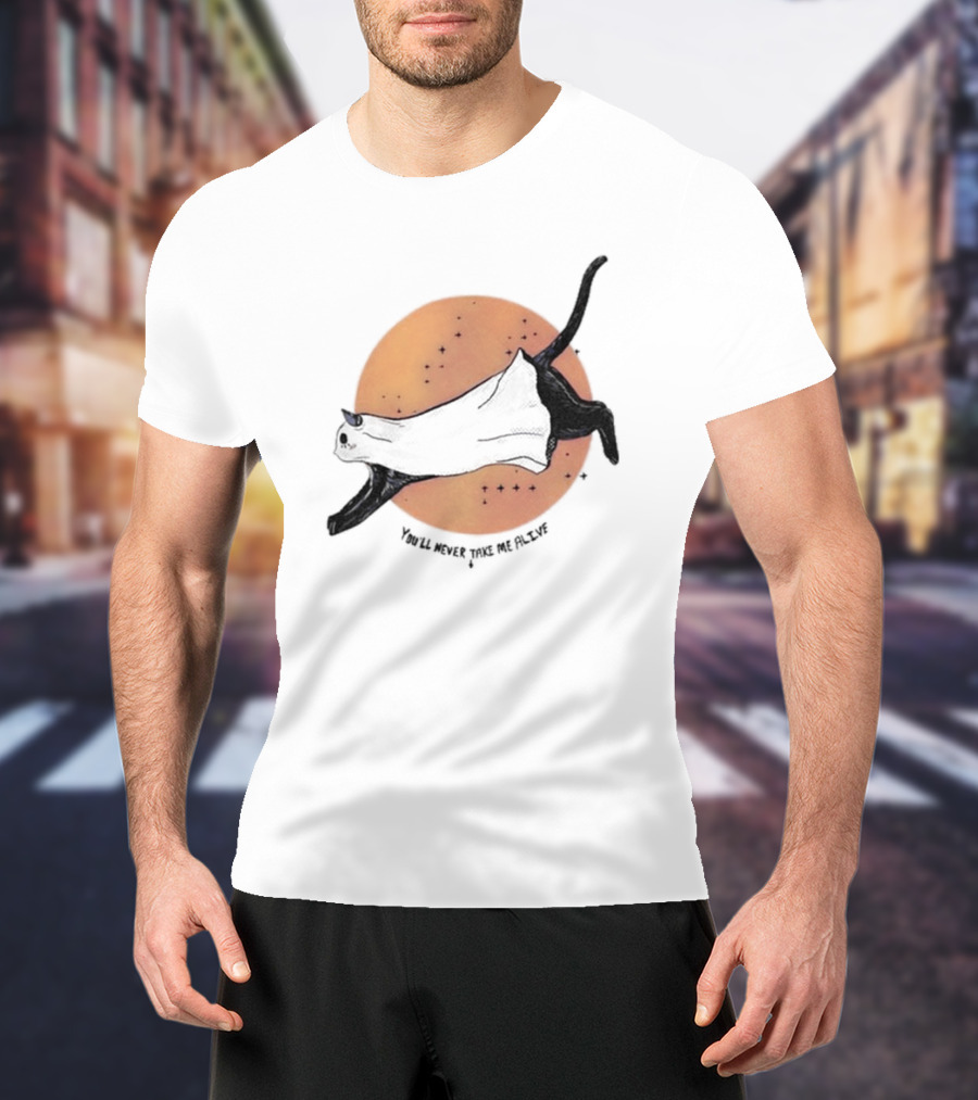 You'Ll Never Take Me Alive Black Cat Halloween Moon Escape T-Shirt