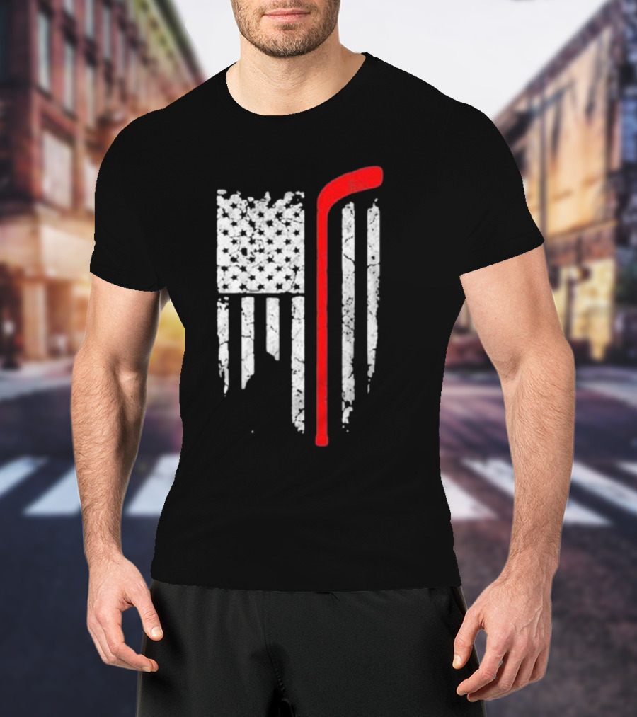 Hockey Stick American Flag Stars Stripes T-Shirt