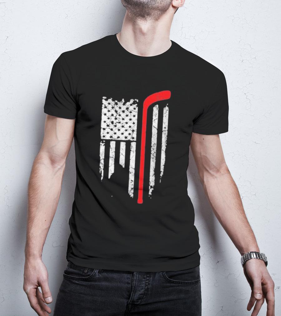 Hockey Stick American Flag Stars Stripes T-Shirt