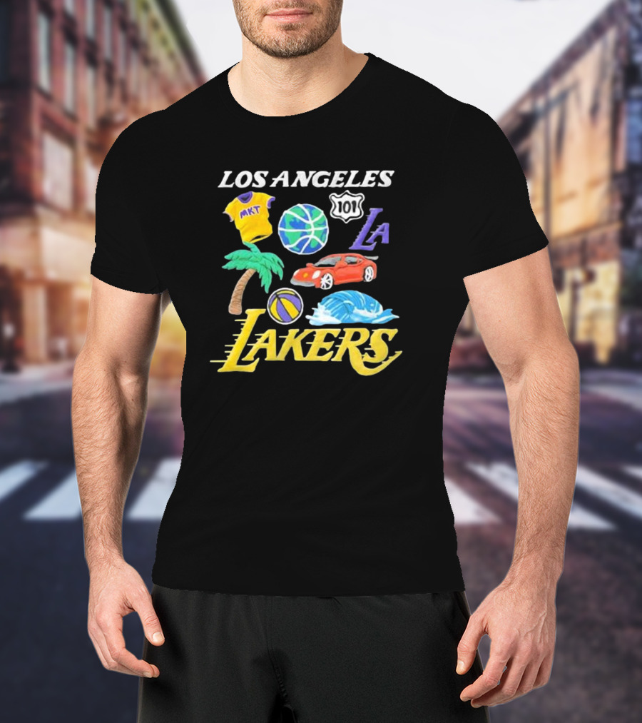 Los Angeles Lakers NBA MKT 101 Claymation LA Basketball Car Palm Wave T-Shirt
