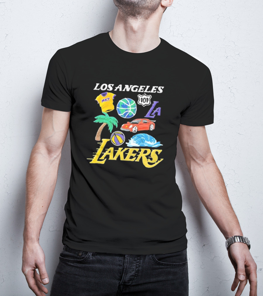 Los Angeles Lakers NBA MKT 101 Claymation LA Basketball Car Palm Wave T-Shirt