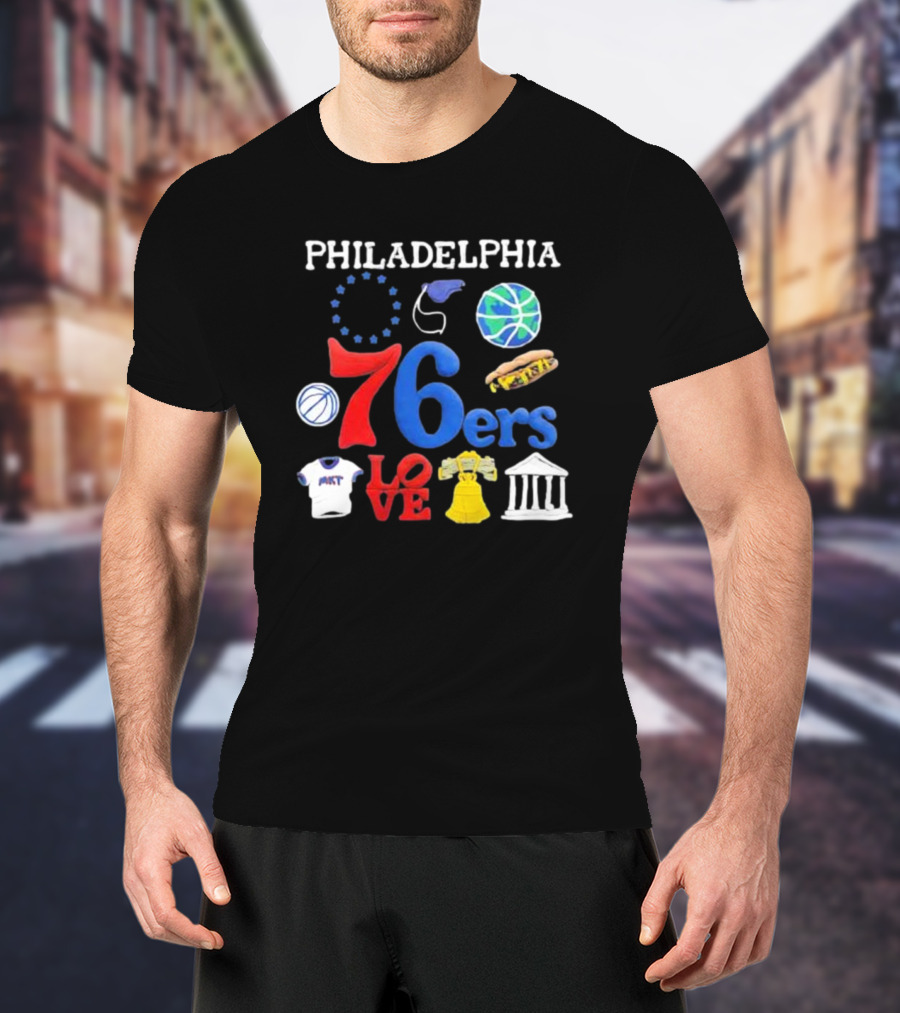 Philadelphia 76ers NBA Market Claymation Love Basketball Hotdog Liberty Bell Federal Building T-Shirt