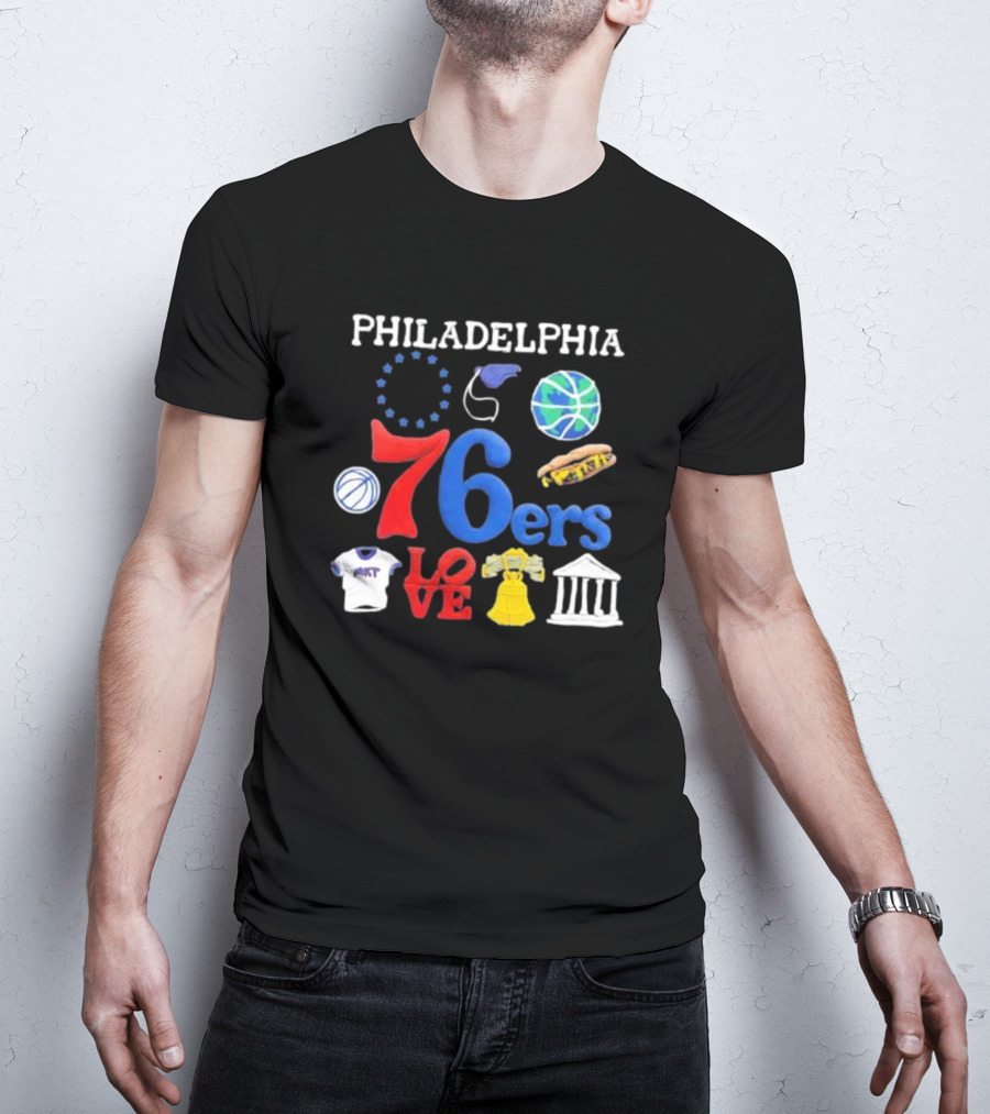 Philadelphia 76ers NBA Market Claymation Love Basketball Hotdog Liberty Bell Federal Building T-Shirt