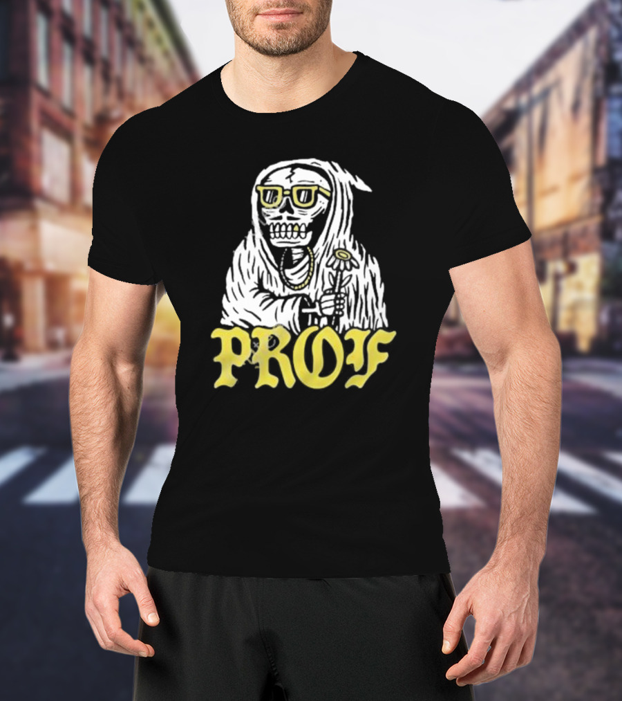 Prof Tombstones Skeleton With Yellow Glasses And Flower T-Shirt