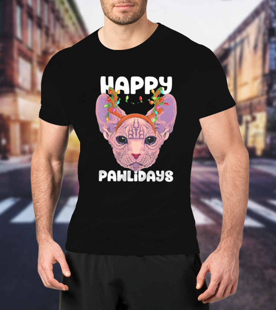 Happy Pawlidays Sphynx Cat With Christmas Lights T-Shirt