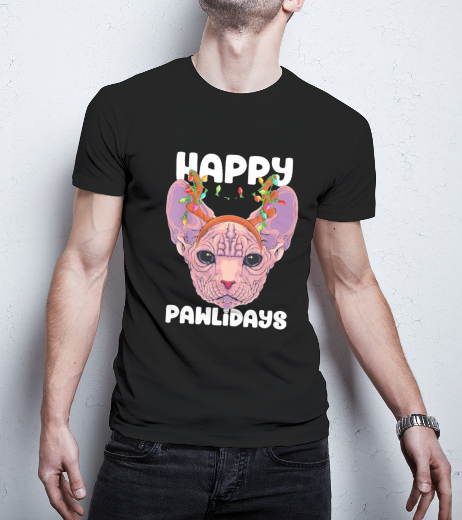 Happy Pawlidays Sphynx Cat With Christmas Lights T-Shirt