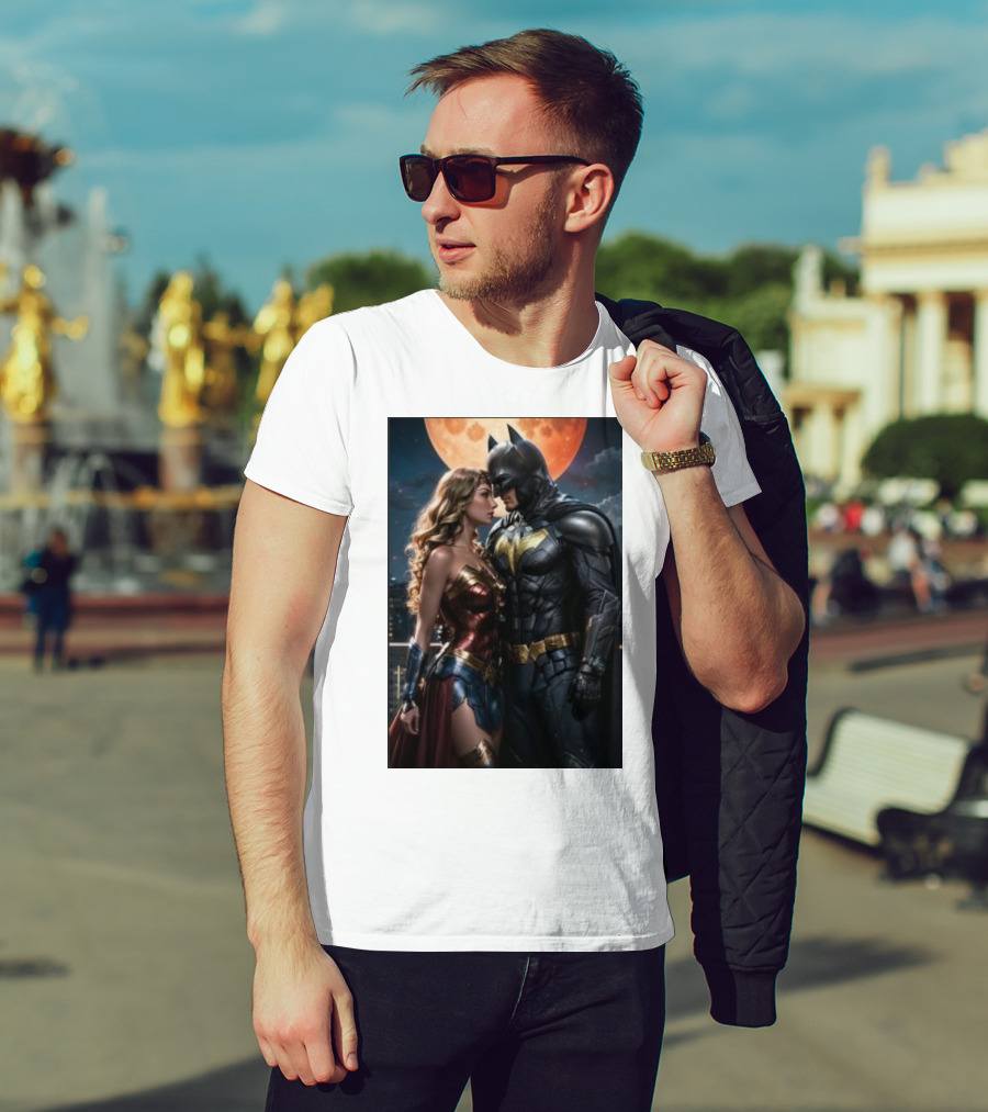 Batman And Wonder Woman Under Moonlight Romance Scene T-Shirt