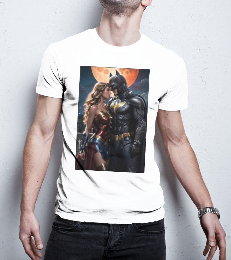 Batman And Wonder Woman Under Moonlight Romance Scene T-Shirt