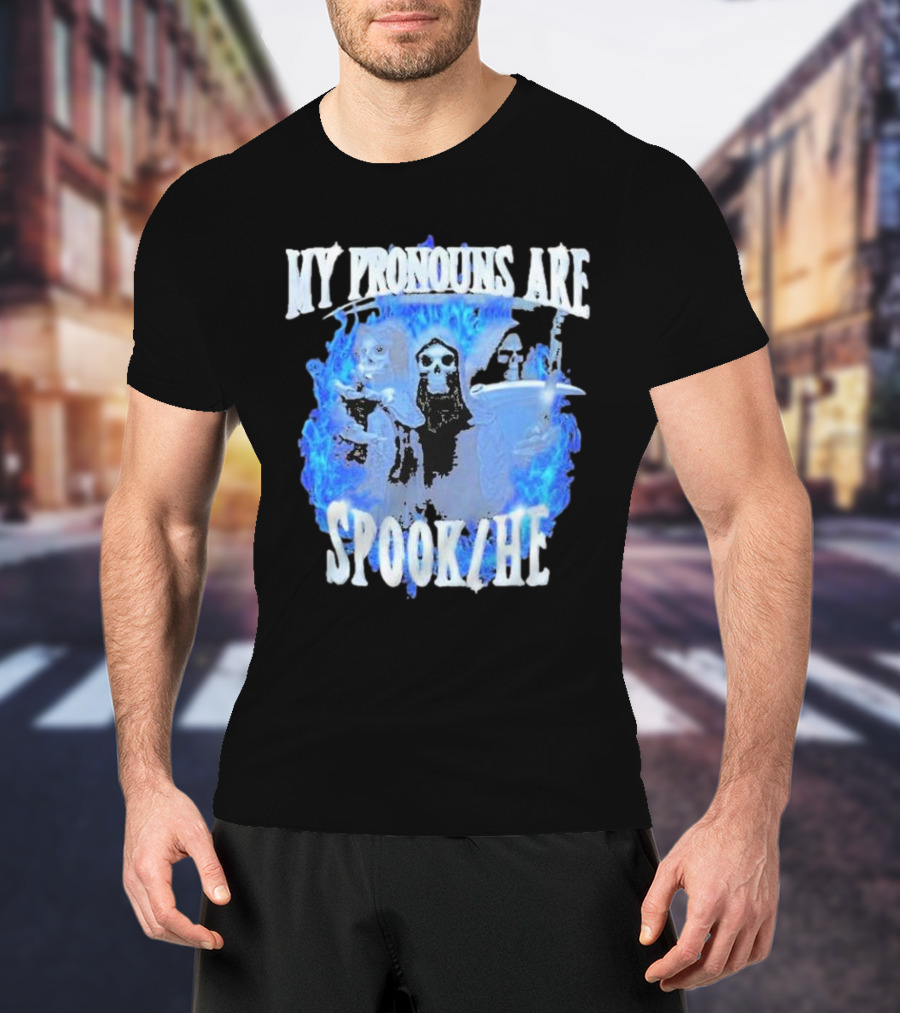 My Pronouns Are Spook He Blue Flames Grim Reaper Trio T-Shirt