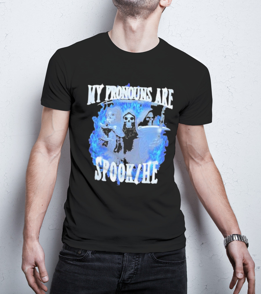 My Pronouns Are Spook He Blue Flames Grim Reaper Trio T-Shirt