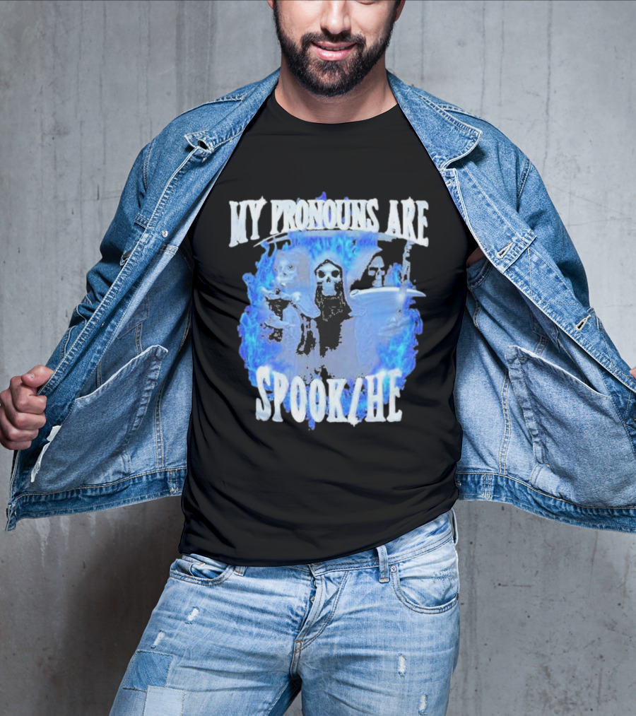My Pronouns Are Spook He Blue Flames Grim Reaper Trio T-Shirt