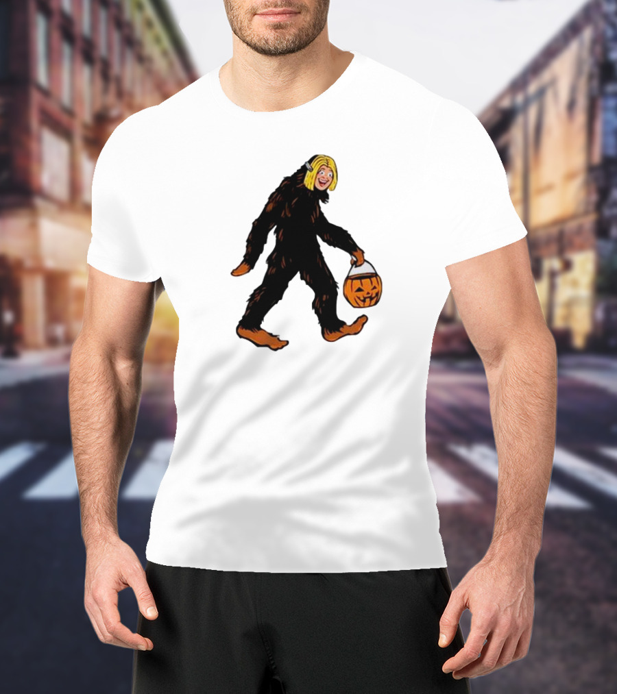 Mystical Halloween Sasquatch Holding Pumpkin Bucket Spooky Costume T-Shirt