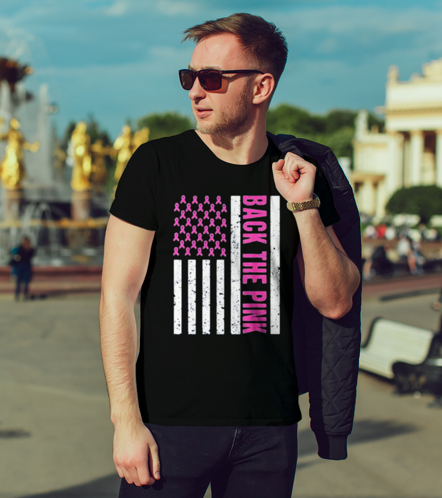 Back The Pink Breast Cancer Awareness American Flag Ribbons T-Shirt