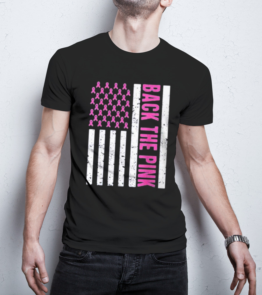 Back The Pink Breast Cancer Awareness American Flag Ribbons T-Shirt