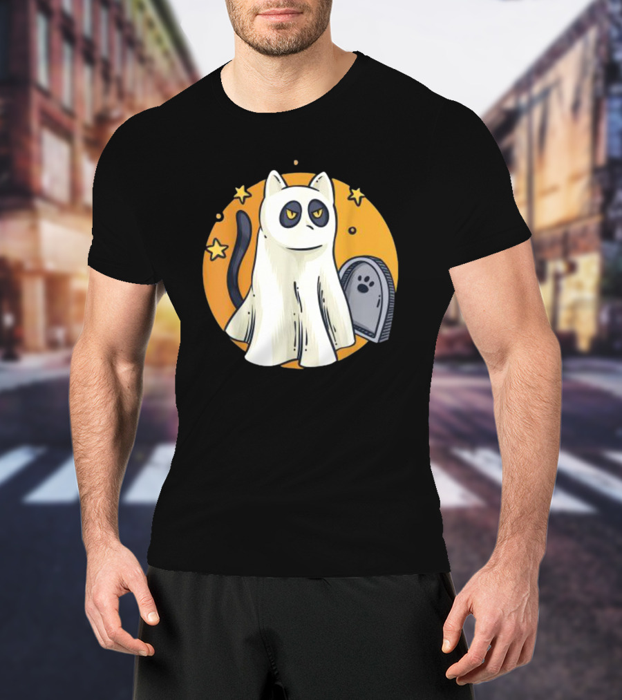 Cute Ghost Cat Halloween Outfit Black Cat With Stars And Tombstone T-Shirt
