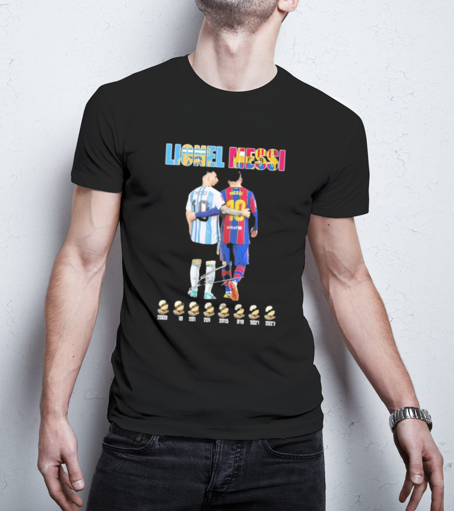 Lionel Messi Past And Now 8 Time Winner Ballon D'or Awards Over The Years Signature T-Shirt