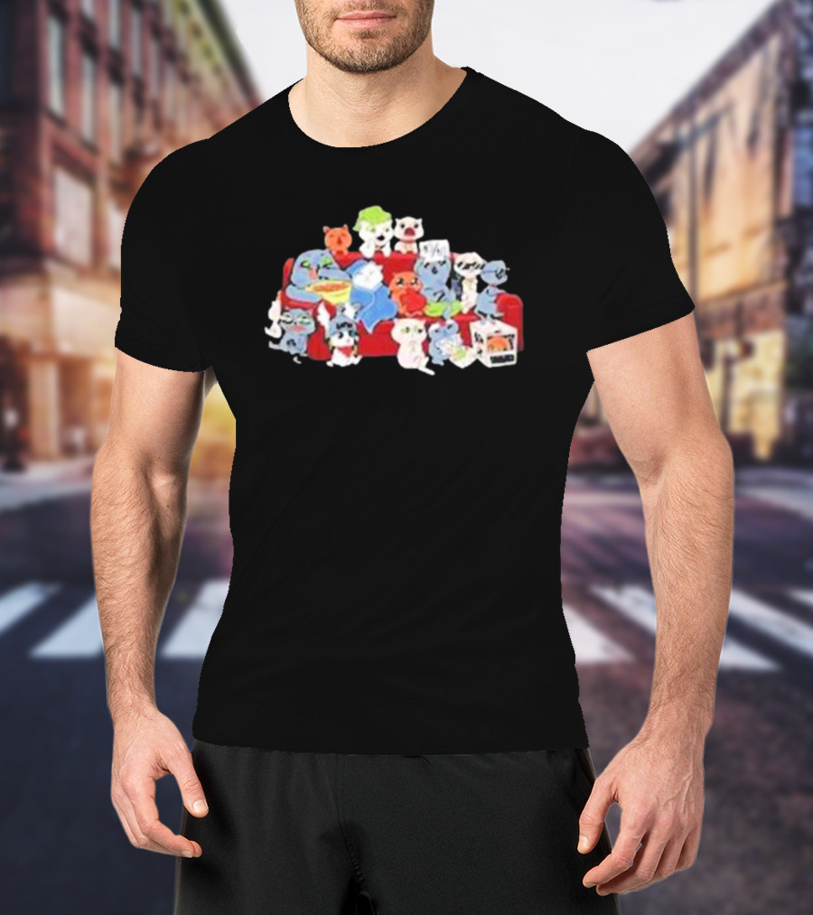 Lirik Couch Gang Cat Characters On Red Sofa With Snacks T-Shirt