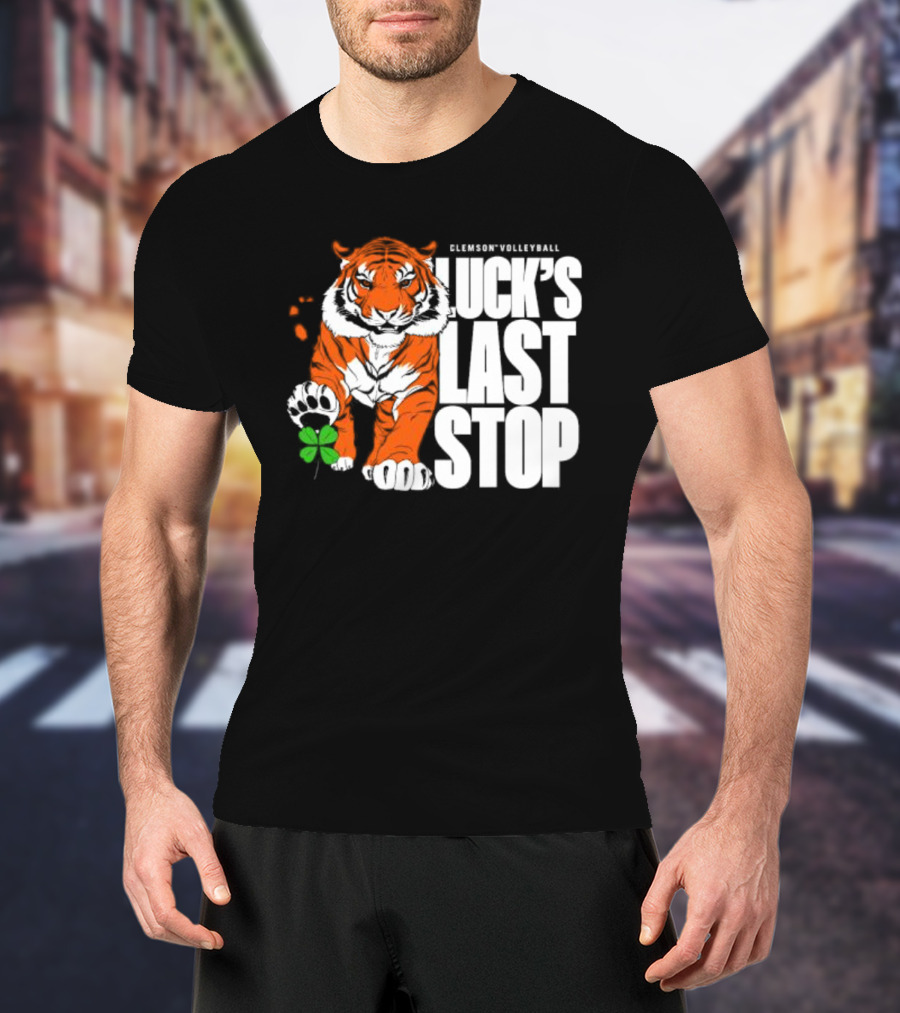 Clemson Volleyball Tiger Luck's Last Stop Tiger Paw With Clover T-Shirt