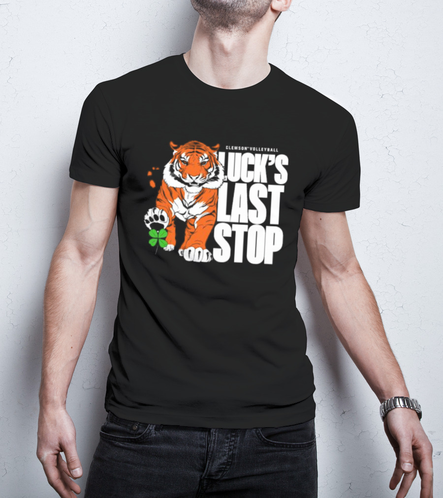 Clemson Volleyball Tiger Luck's Last Stop Tiger Paw With Clover T-Shirt