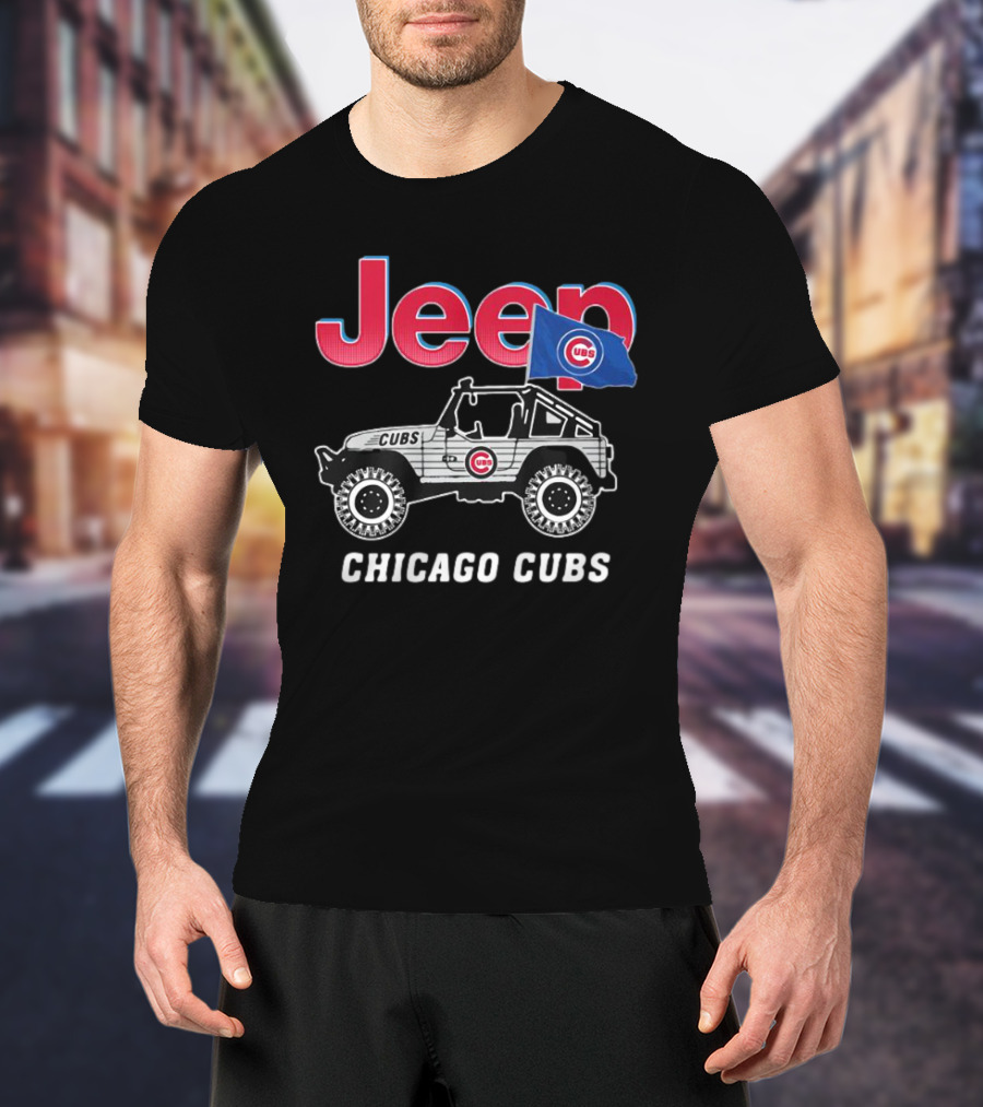 Jeep Chicago Cubs Logo With Jeep And Cubs Flag T-Shirt