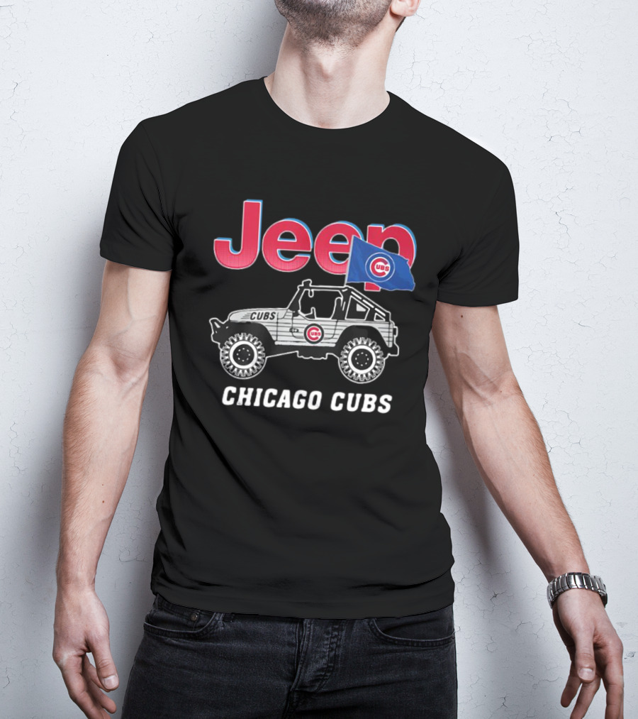 Jeep Chicago Cubs Logo With Jeep And Cubs Flag T-Shirt