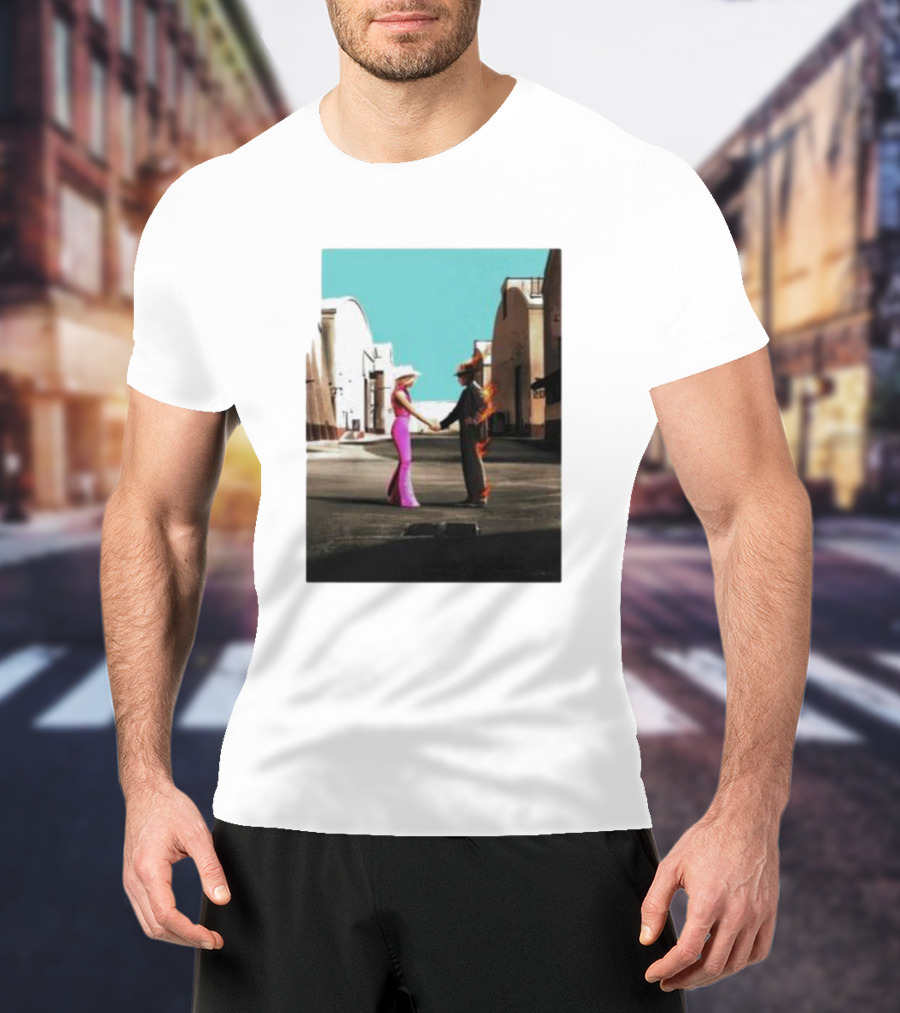 Barbenheimer Picture Woman In Pink And Flaming Figure In Studio Setting T-Shirt