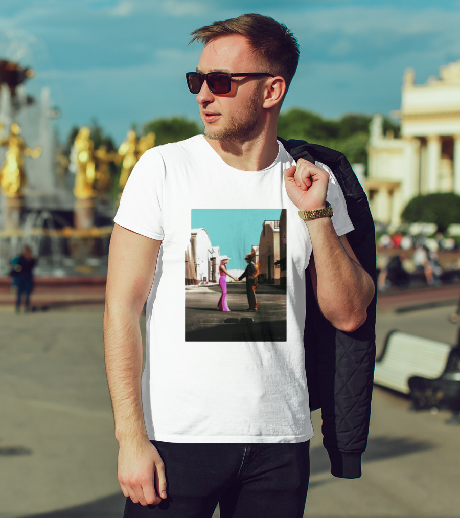 Barbenheimer Picture Woman In Pink And Flaming Figure In Studio Setting T-Shirt