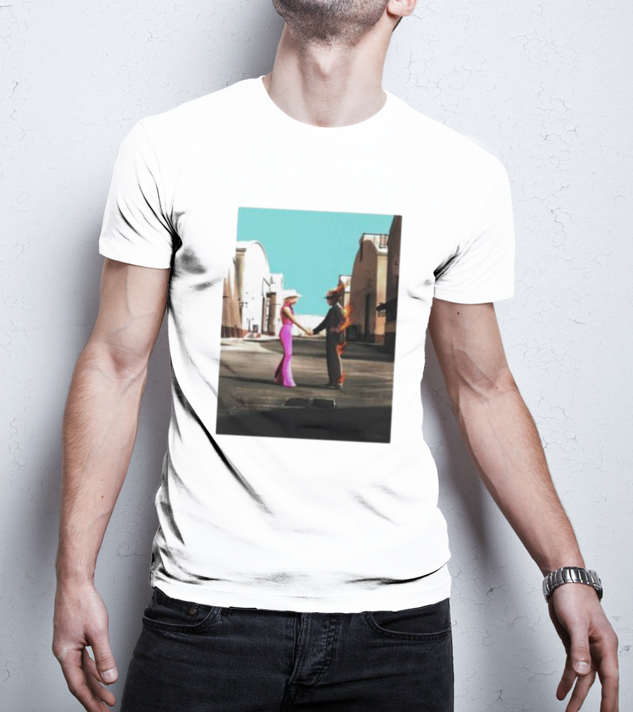 Barbenheimer Picture Woman In Pink And Flaming Figure In Studio Setting T-Shirt
