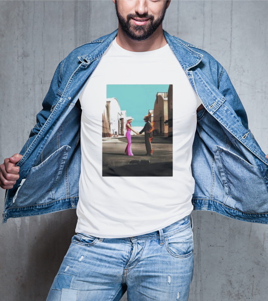 Barbenheimer Picture Woman In Pink And Flaming Figure In Studio Setting T-Shirt