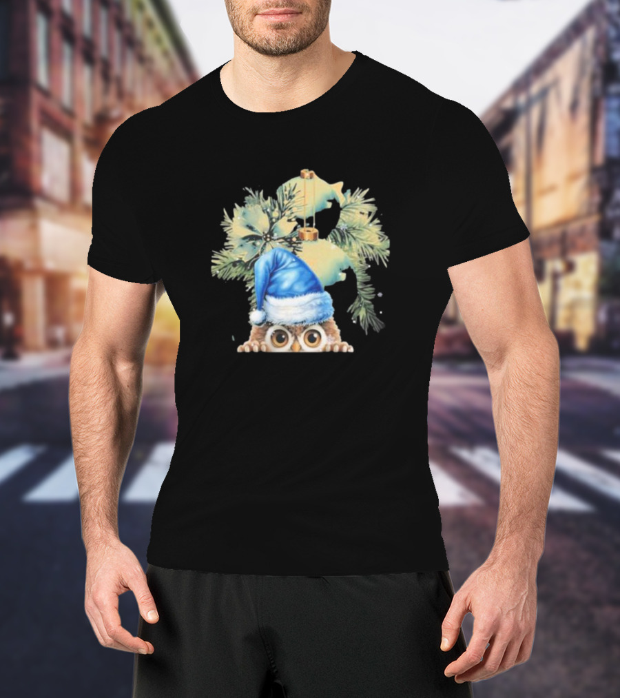 Funny Christmas Owl With Blue Santa Hat And Pine Tree Garland T-Shirt