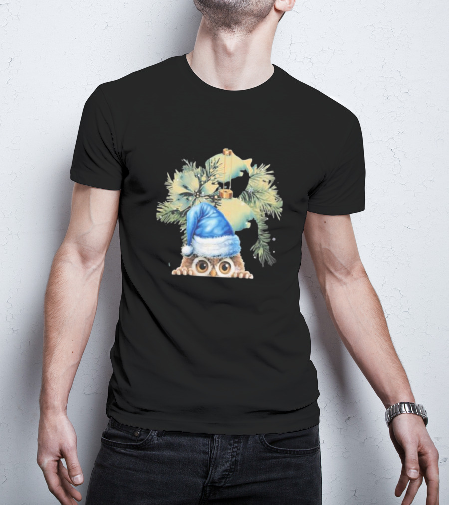 Funny Christmas Owl With Blue Santa Hat And Pine Tree Garland T-Shirt