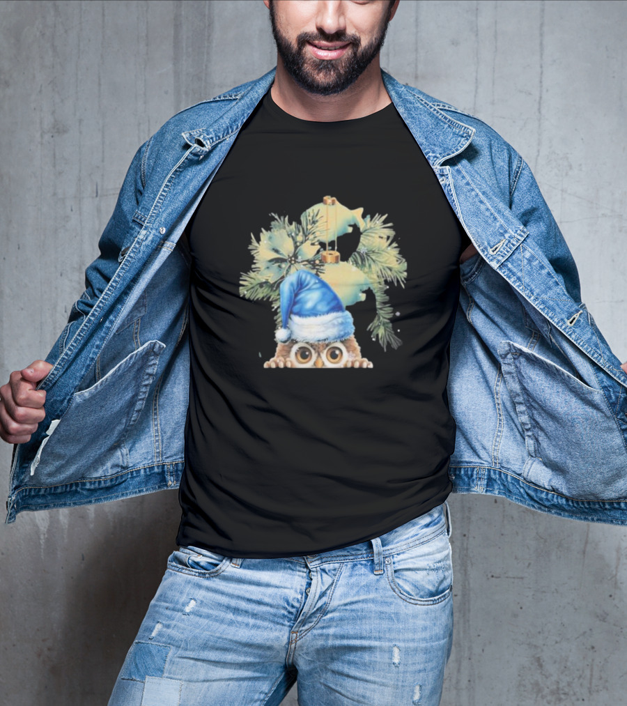Funny Christmas Owl With Blue Santa Hat And Pine Tree Garland T-Shirt