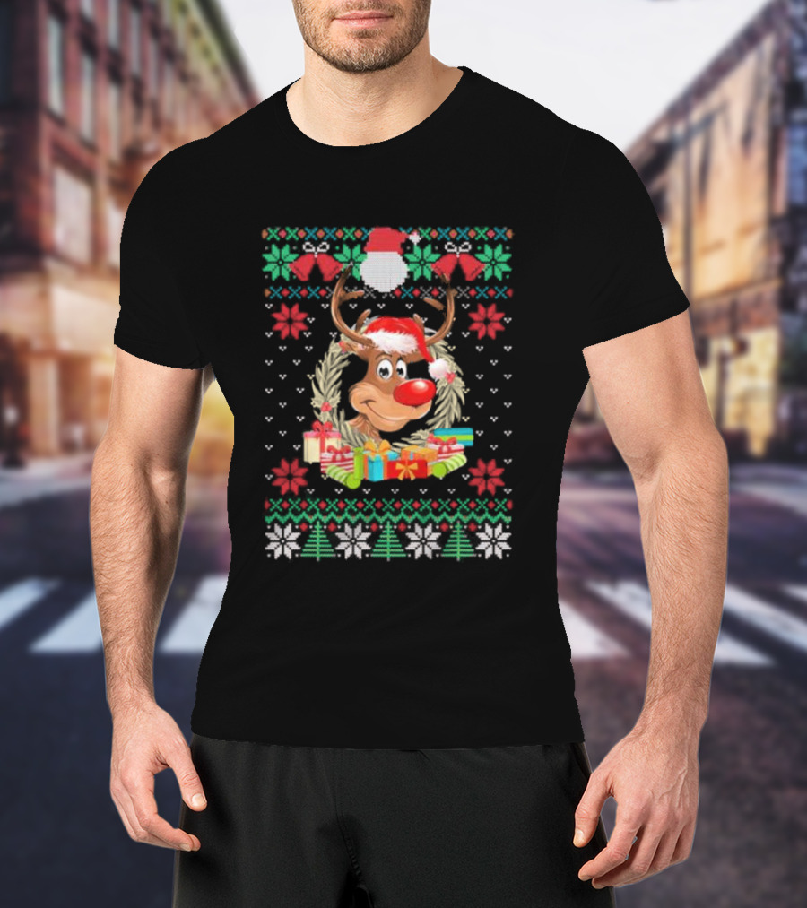 Reindeer Santa Hat Funny Ugly Christmas With Gifts And Snowflakes T-Shirt