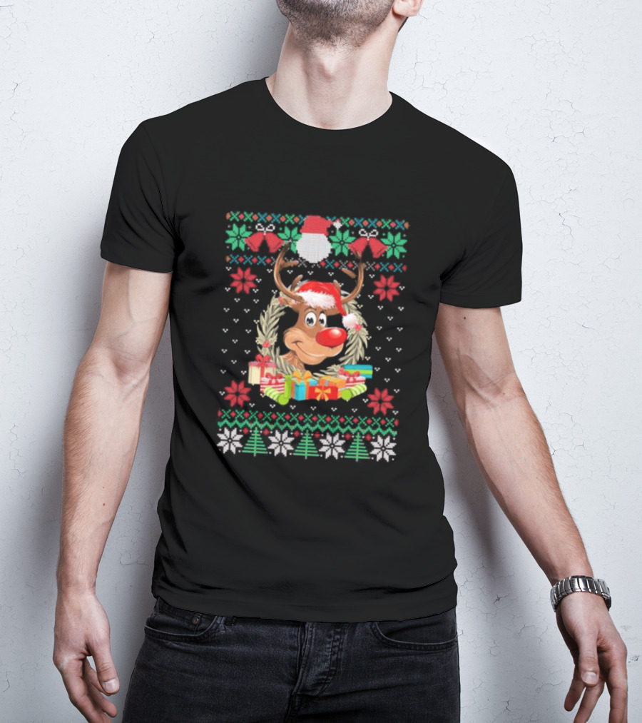 Reindeer Santa Hat Funny Ugly Christmas With Gifts And Snowflakes T-Shirt