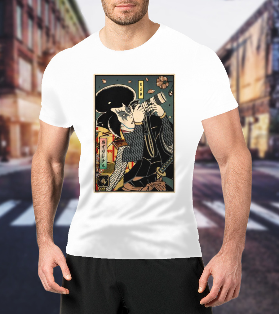 Samurai Ukiyo-e Style Photographer With Katana And Cherry Blossoms T-Shirt