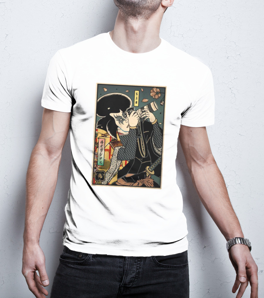 Samurai Ukiyo-e Style Photographer With Katana And Cherry Blossoms T-Shirt