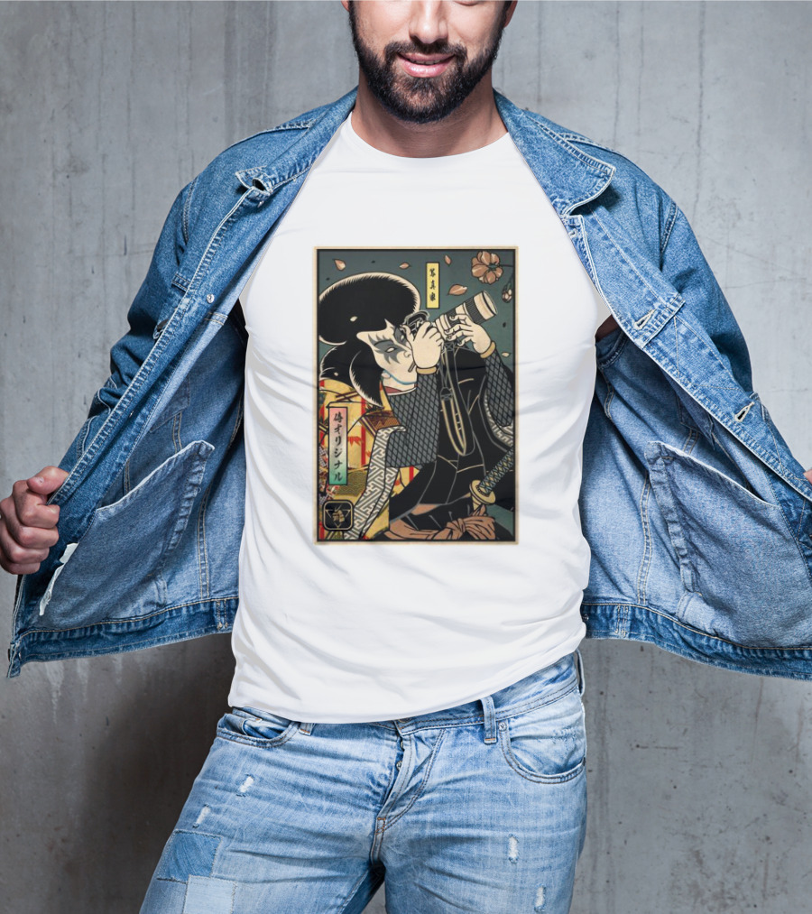 Samurai Ukiyo-e Style Photographer With Katana And Cherry Blossoms T-Shirt