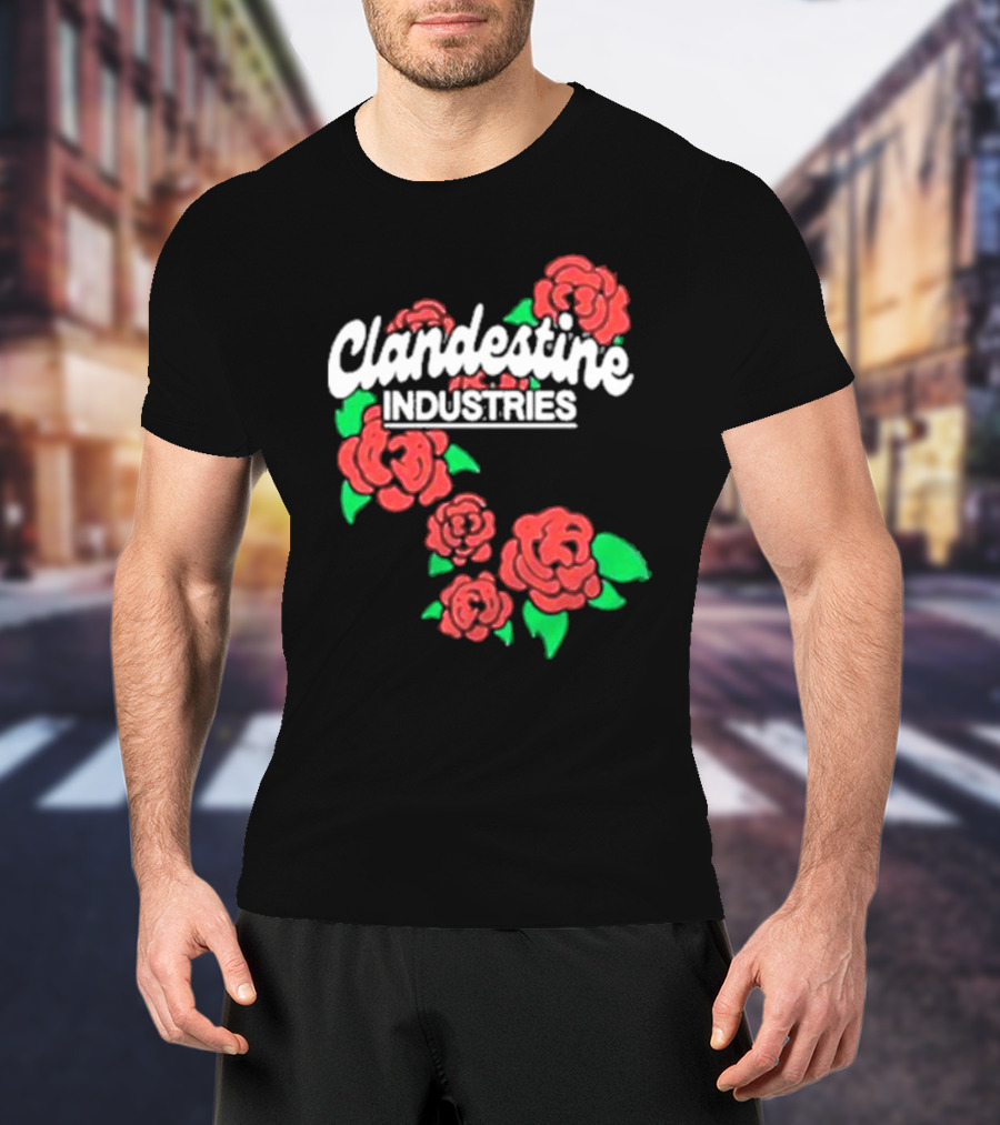 Clandestine Industries Roses Band With Red And Green Elements T-Shirt