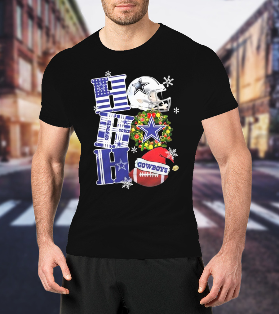 Dallas Cowboys Ho Ho Ho Merry Christmas Football Helmet Wreath Snowflakes T-Shirt